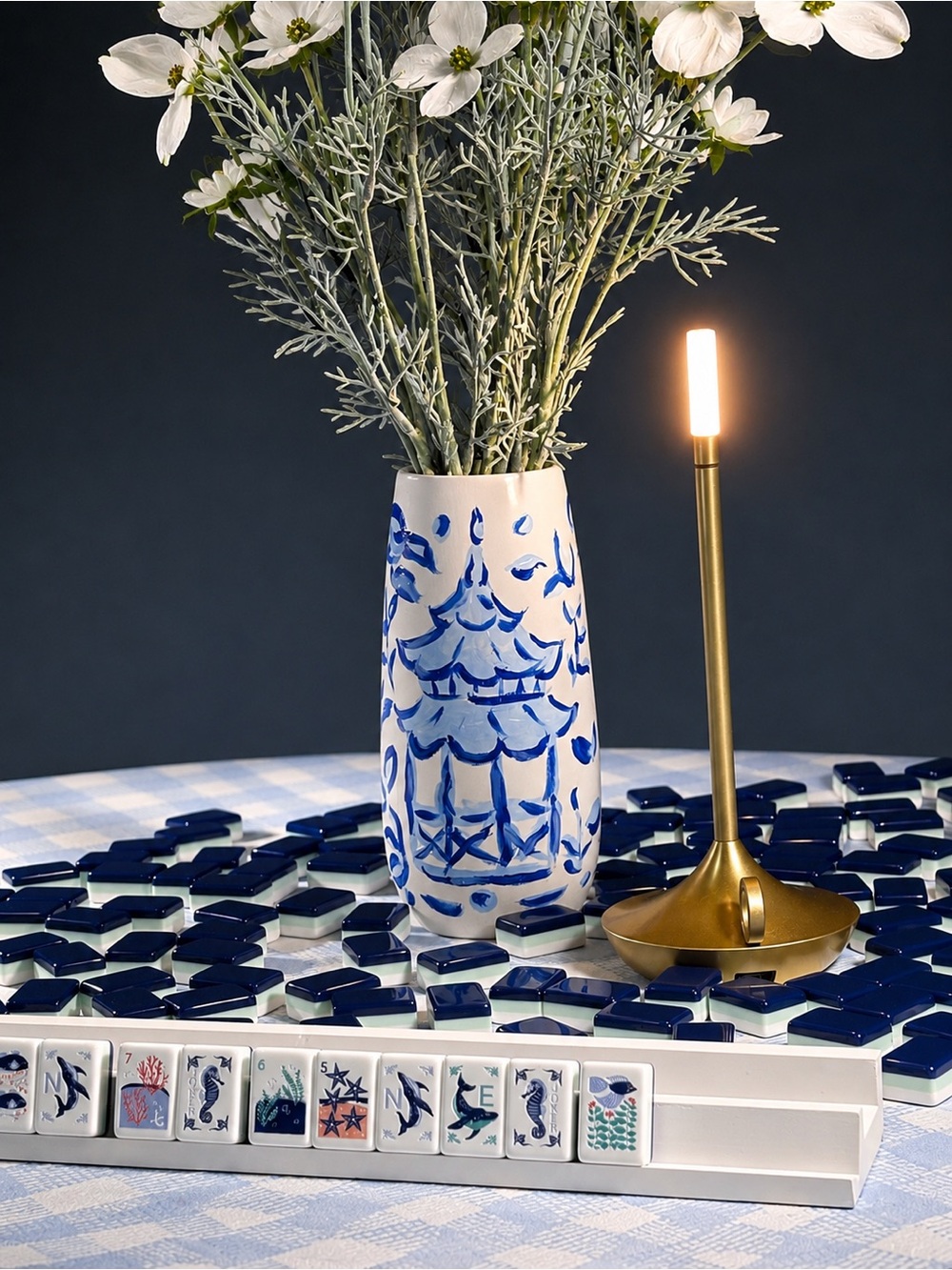 Mahjong Tiles Chinoiserie Accessories Vase Blue Pagoda decor dish